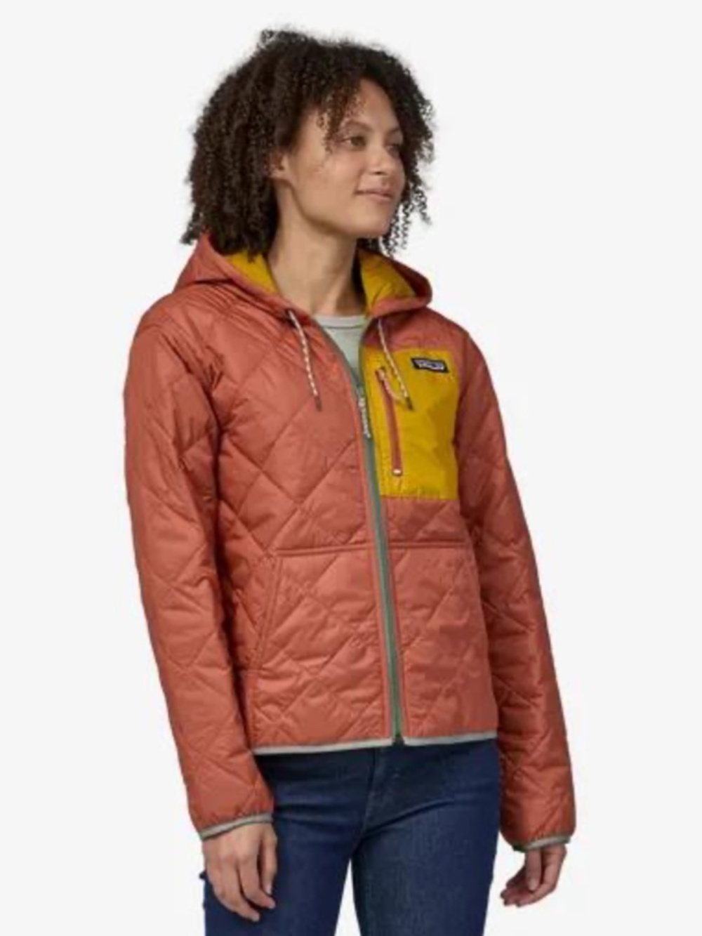 Patagonia Quilted Bomber Hoody Puffer Jacket - Coral and Yellow
